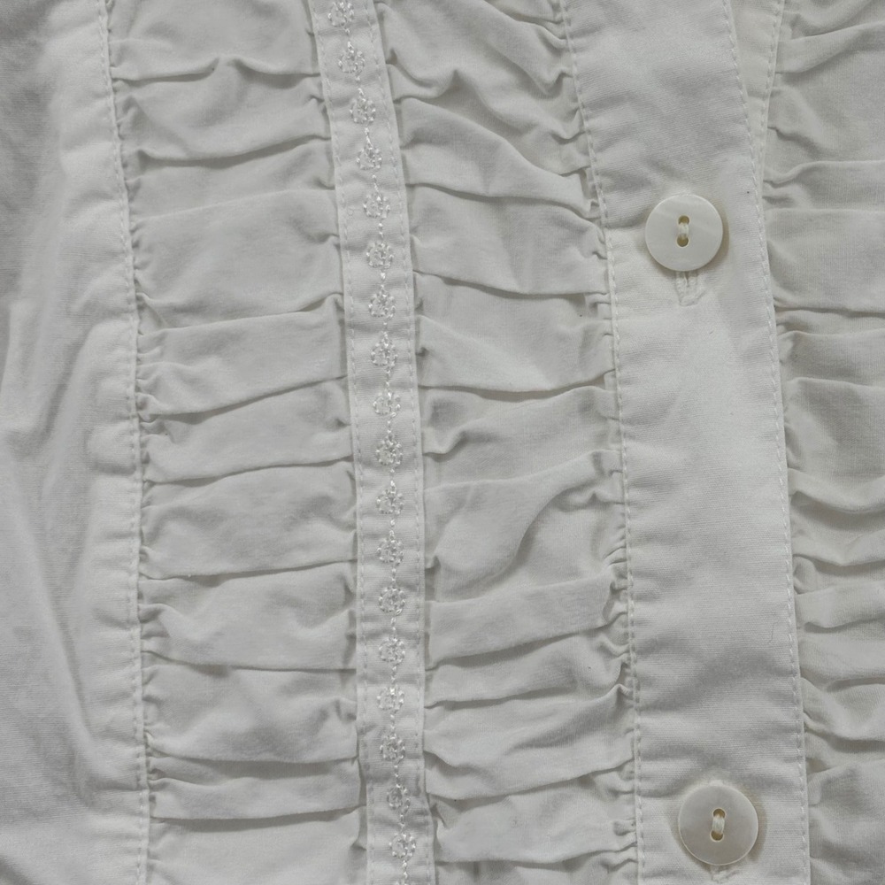 White Ruffle Front Embroider Button Down Shirt 12P Long Sleeve Petite Victorian - Picture 4 of 11